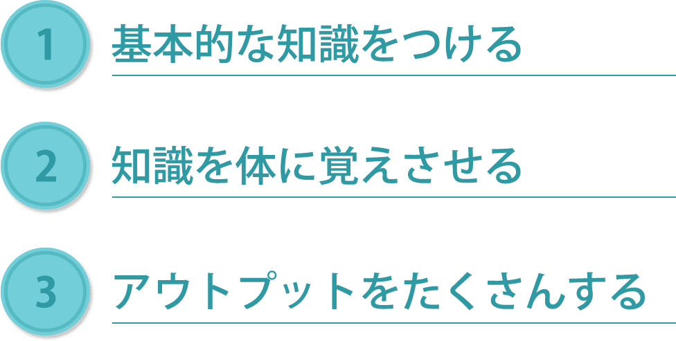 基本的な知識をつける、知識を体に覚えさせる、アウトプットをたくさんする